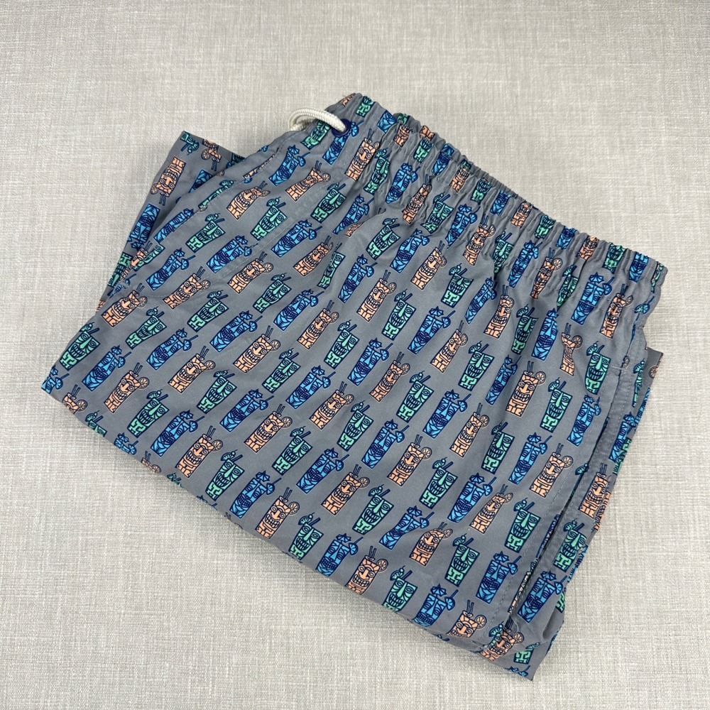 Life is Good Swim Trunks Mens XL Grey Tiki Drink Pattern Mesh Lined Beach Shorts